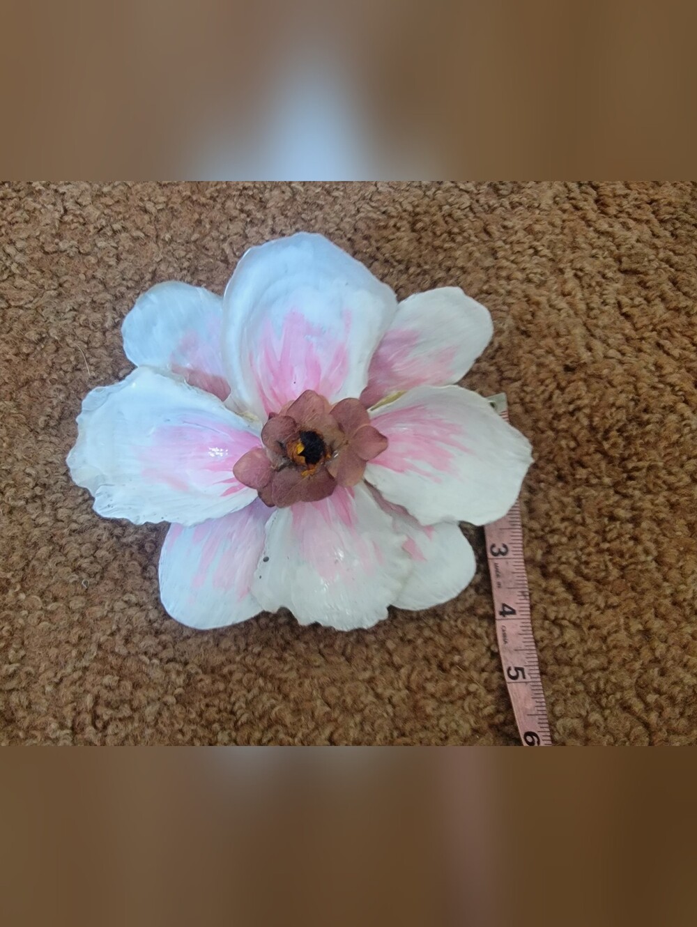 Hand-Painted Pink & White Oyster Shell Flower Mounted On Deer Bone